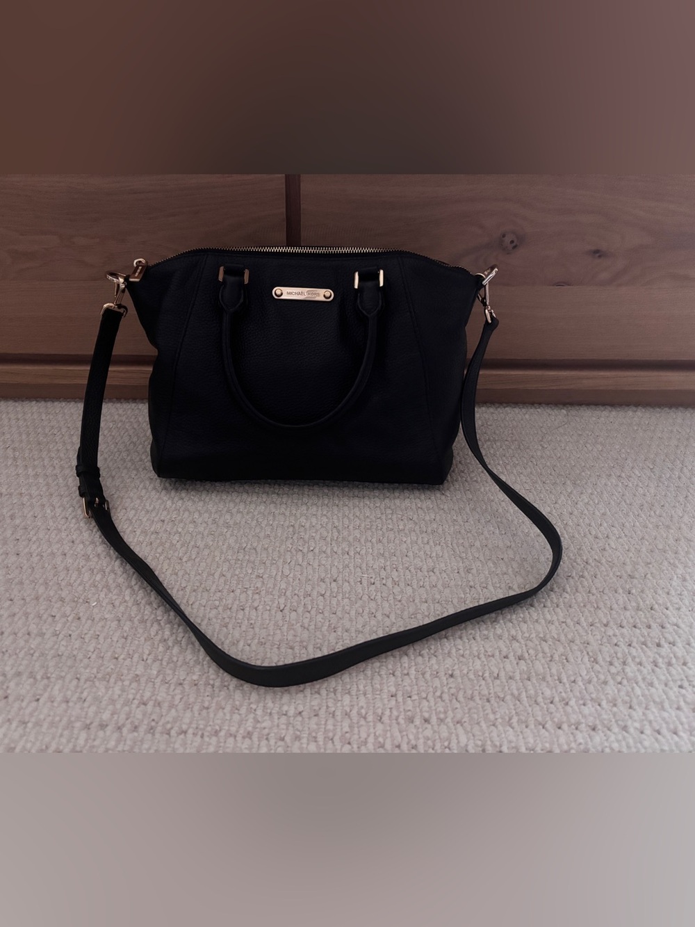 Michael Kors Black Pebble Leather Zip Satchel Bag w/ Gold Hardware & Footstand